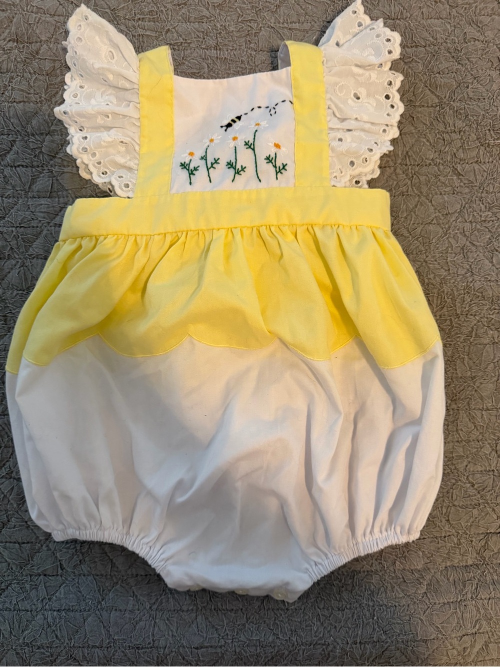 Yellow & White Embroidered Baby Bubble Romper with Eyelet Ruffles